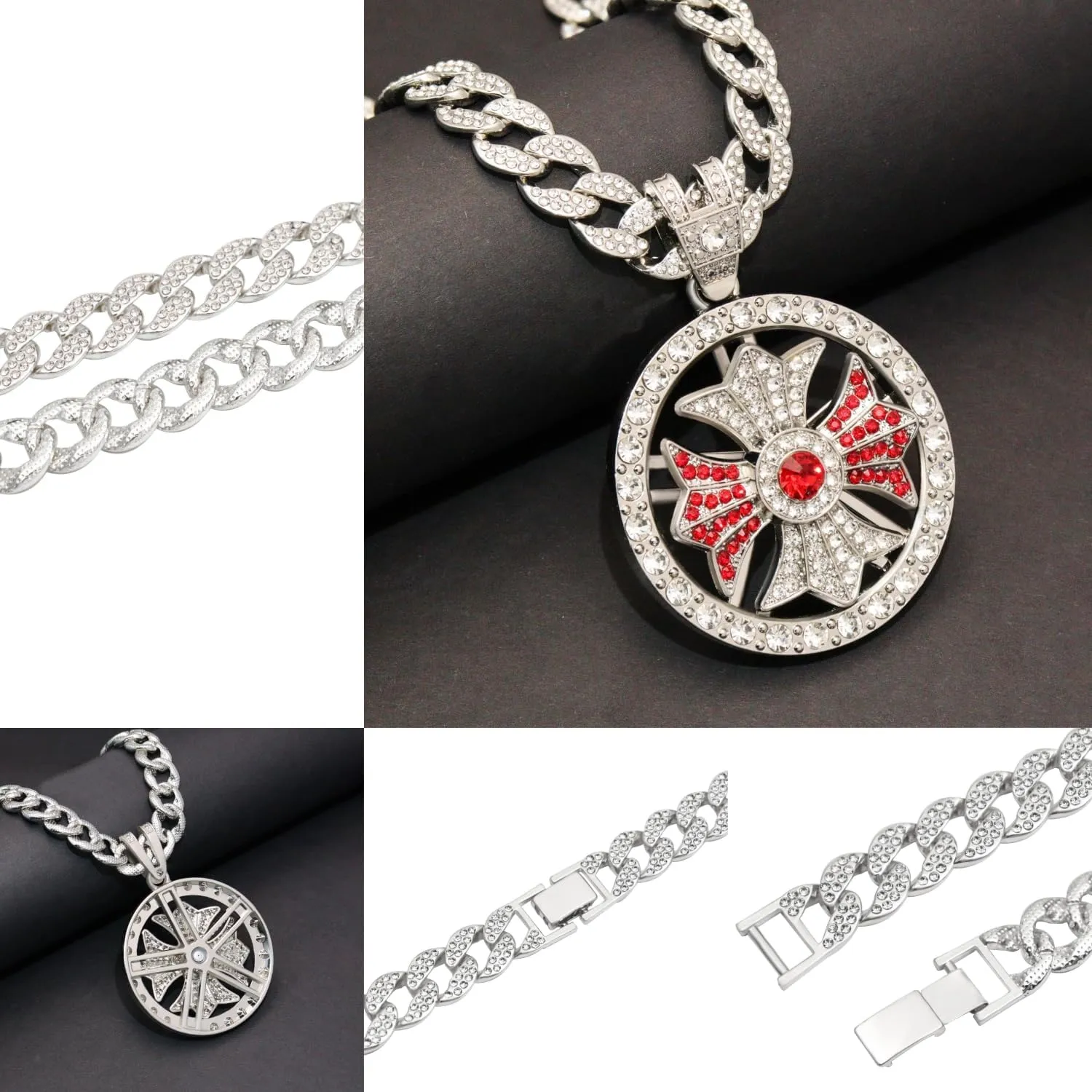 Men Hip Hop 18K Gold Silver Plated Diamond Cuban Link Chain Necklace Round Spinner Rotatable Spider Cross Windmill Pendant Necklace Shiny Rhinestone Pendant Jewelry