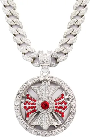 Men Hip Hop 18K Gold Silver Plated Diamond Cuban Link Chain Necklace Round Spinner Rotatable Spider Cross Windmill Pendant Necklace Shiny Rhinestone Pendant Jewelry