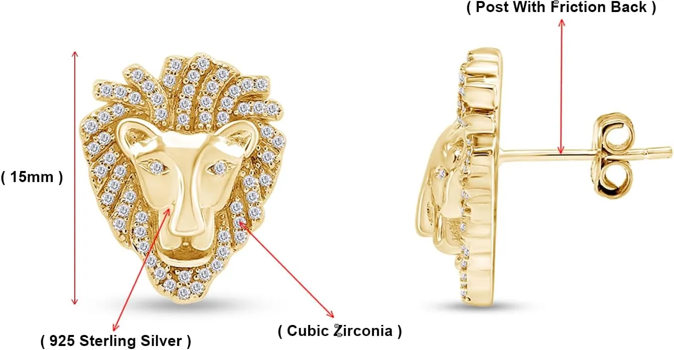 Men's Earrings with Lion Head Studs, 14K Gold Plated 925 Sterling Silver Jewelry Decorated with White Cubic Zirconia or Moissanite Diamond, Animal Stud Jewelry Gift for Men Ear Stud Earrings