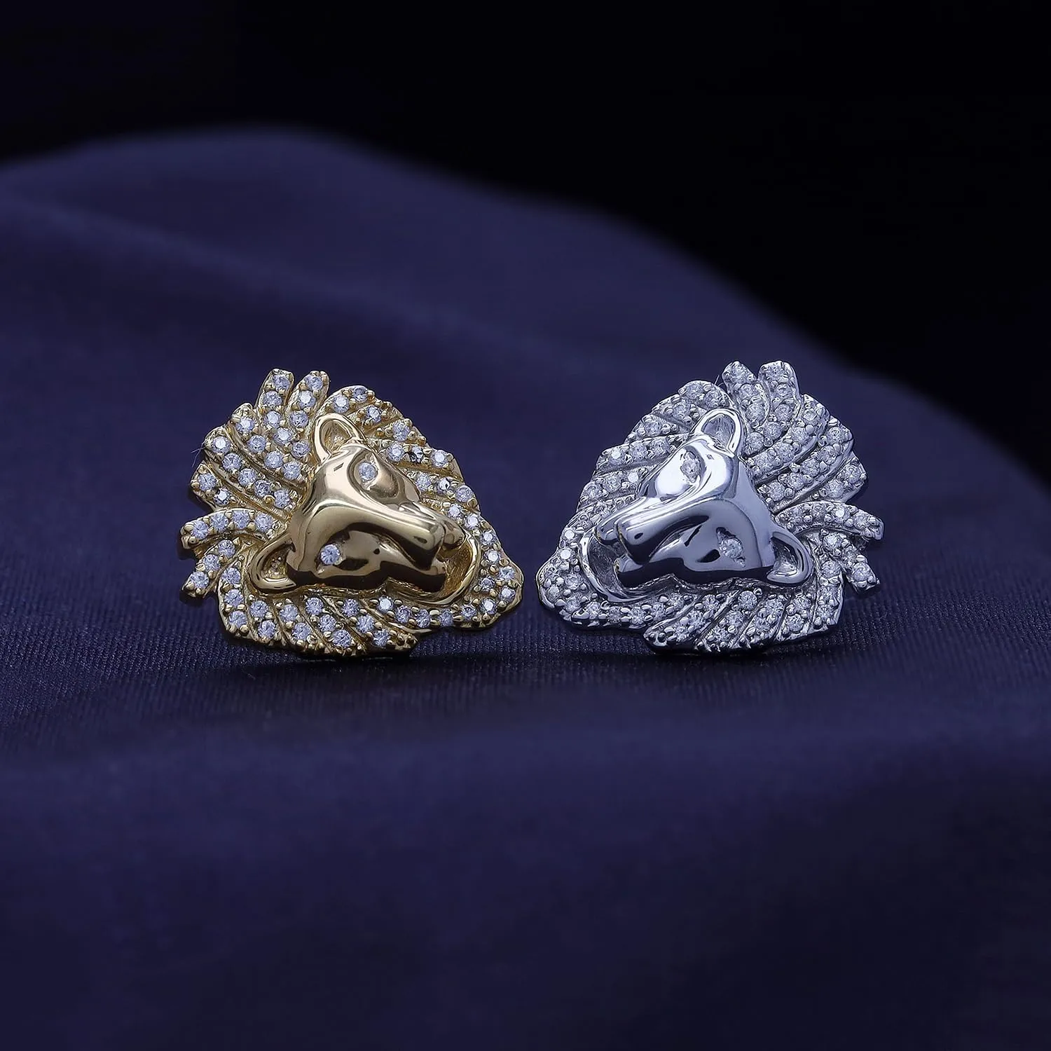 Men's Earrings with Lion Head Studs, 14K Gold Plated 925 Sterling Silver Jewelry Decorated with White Cubic Zirconia or Moissanite Diamond, Animal Stud Jewelry Gift for Men Ear Stud Earrings