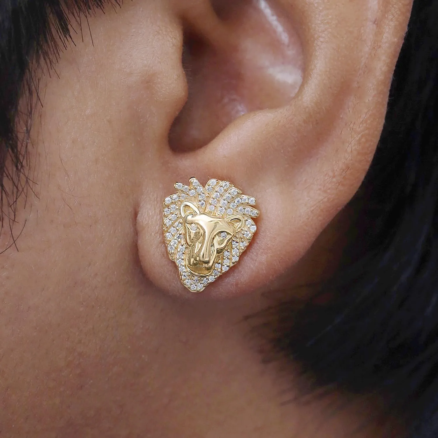 Men's Earrings with Lion Head Studs, 14K Gold Plated 925 Sterling Silver Jewelry Decorated with White Cubic Zirconia or Moissanite Diamond, Animal Stud Jewelry Gift for Men Ear Stud Earrings