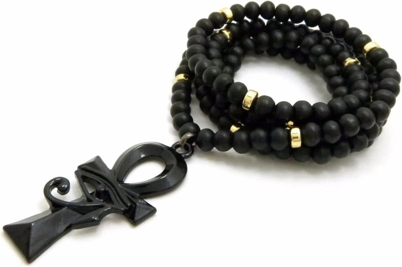 Mens Egyptian Eye of HERU ANKH Cross Pendant & 30" Wooden Bead Chain Necklace