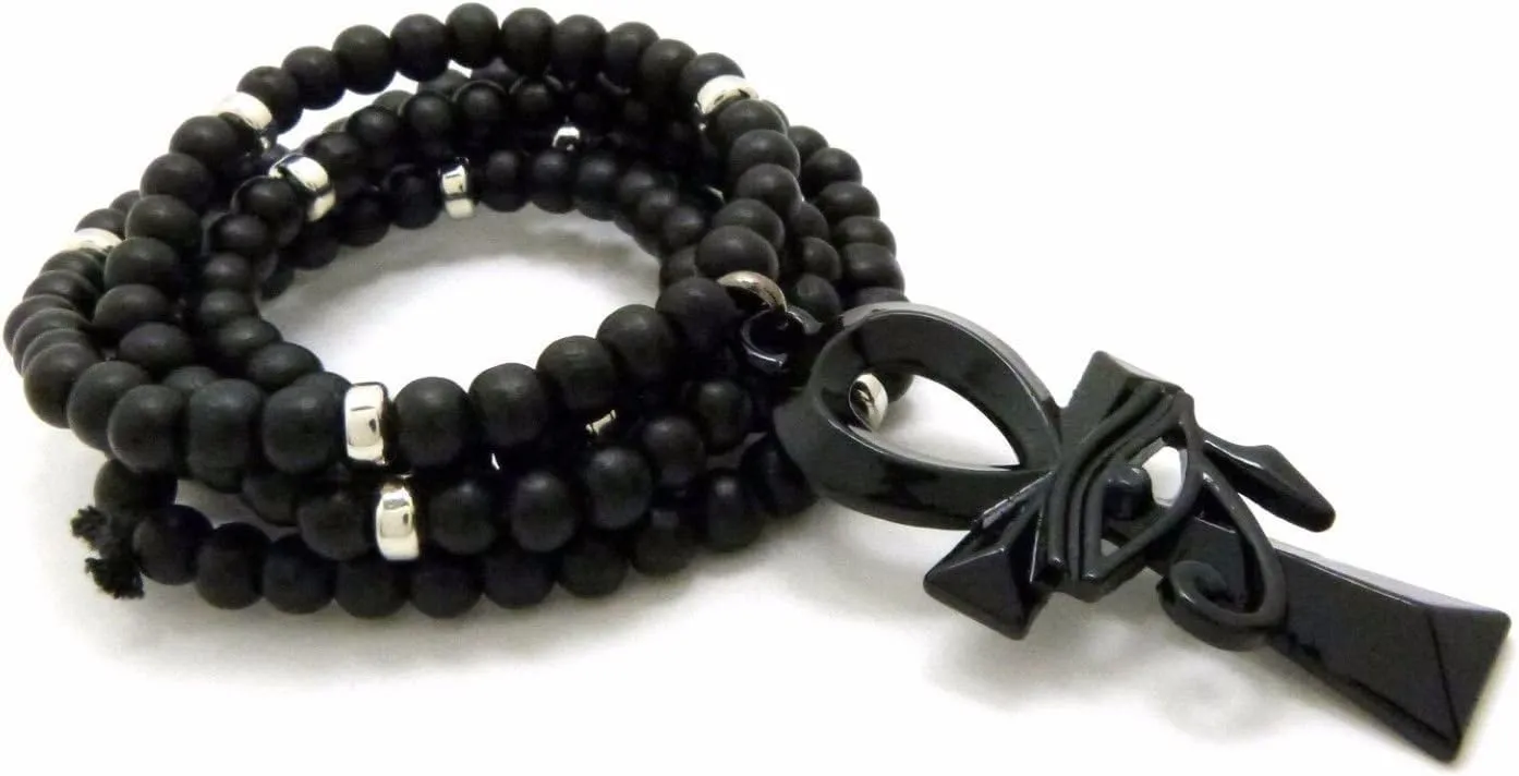 Mens Egyptian Eye of HERU ANKH Cross Pendant & 30" Wooden Bead Chain Necklace