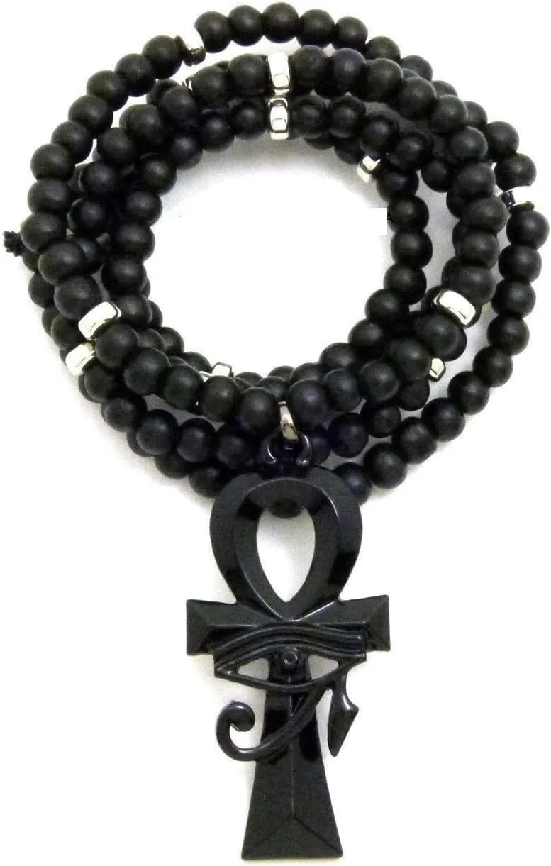 Mens Egyptian Eye of HERU ANKH Cross Pendant & 30" Wooden Bead Chain Necklace