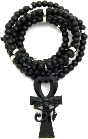 Mens Egyptian Eye of HERU ANKH Cross Pendant & 30" Wooden Bead Chain Necklace