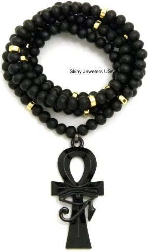 Mens Egyptian Eye of HERU ANKH Cross Pendant & 30" Wooden Bead Chain Necklace