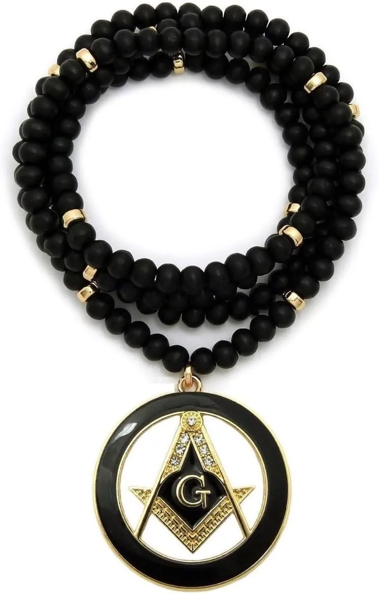 MENS FREEMASON MASONIC COMPASS PENDANT WITH 6mm/30 WOODEN BEAD NECKLACE