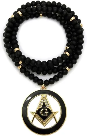 MENS FREEMASON MASONIC COMPASS PENDANT WITH 6mm/30 WOODEN BEAD NECKLACE