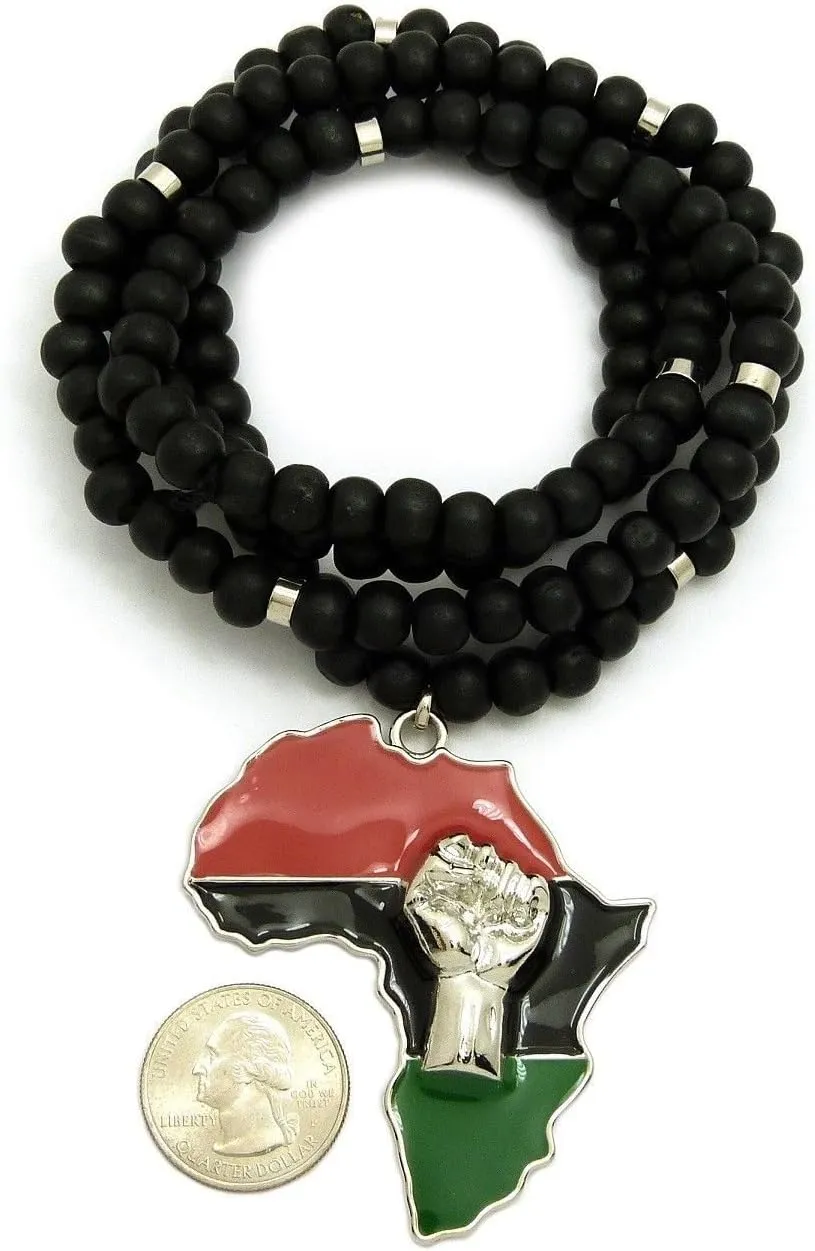 Mens Large Fist Power in Africa Map Shape Pendant Moon Cut Gold Bead, Black Wood Bead Chain Necklace