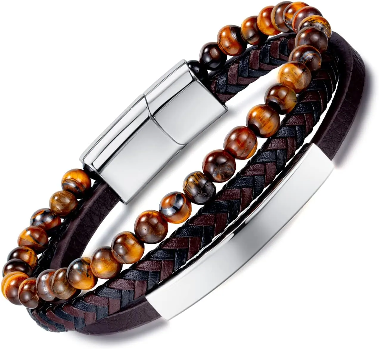 Mens Leather Bracelet Bangle Tiger Eye Stone Beads Braided Genuine Brown Leather Bracelet for Men Vintage Jewelry