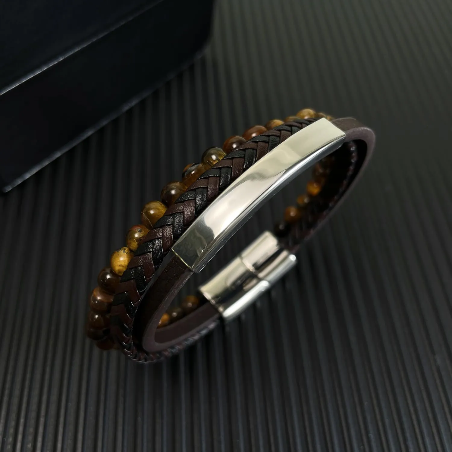 Mens Leather Bracelet Bangle Tiger Eye Stone Beads Braided Genuine Brown Leather Bracelet for Men Vintage Jewelry