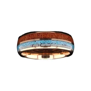 Mens Turquoise Ring 18K Rose Gold Wedding Band with Deer Antler and Koa Wood Inlays Comfort Fit Tungsten Rings for Men Rose Gold Polished Nature Ring