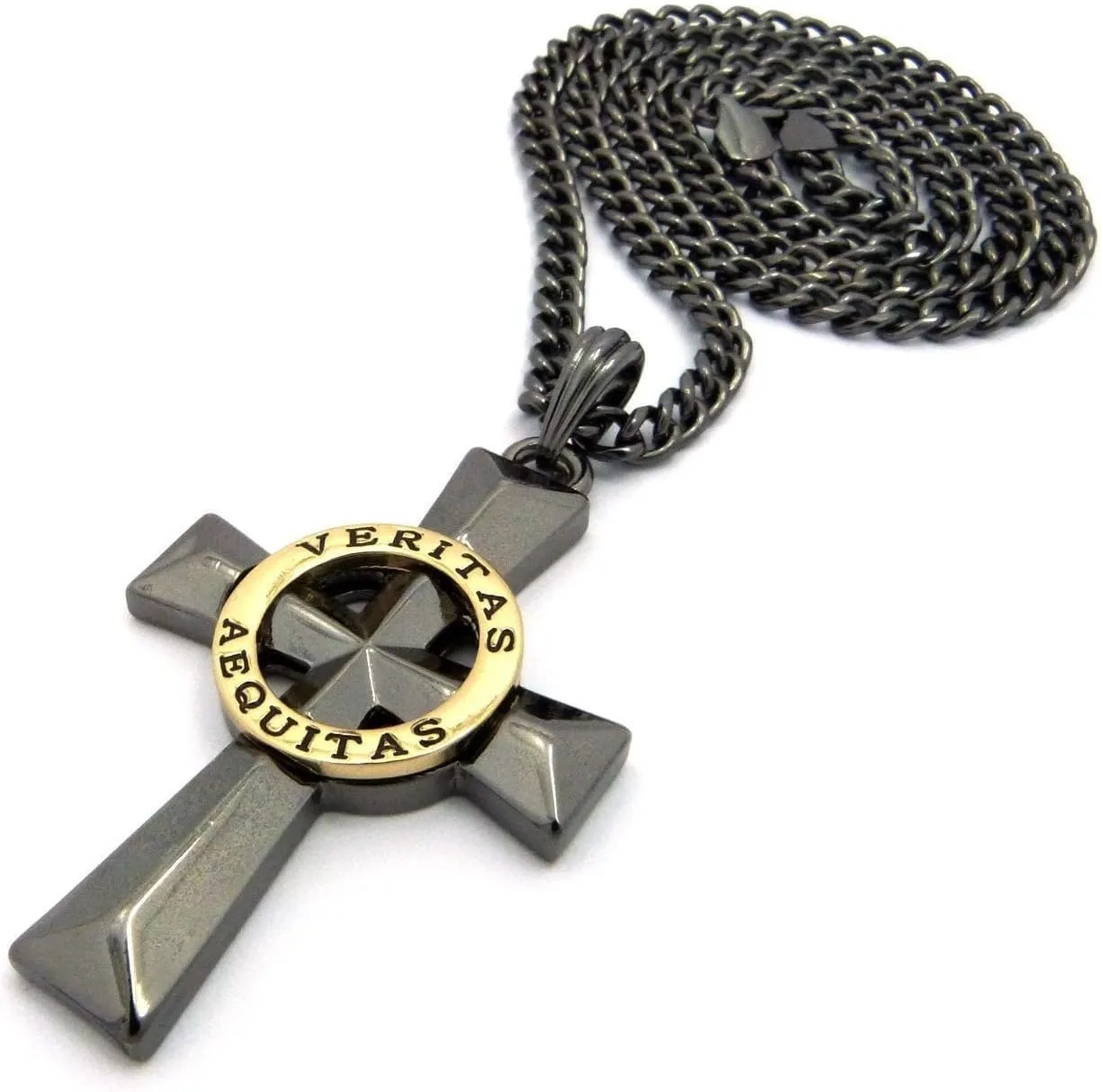 Mens Veritas AEQUITAS Cross Boondock Saints Pendant Charm Cuban Chain Necklace