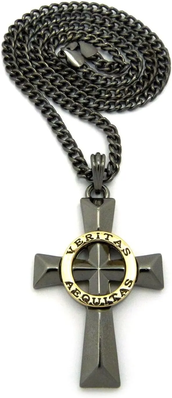Mens Veritas AEQUITAS Cross Boondock Saints Pendant Charm Cuban Chain Necklace