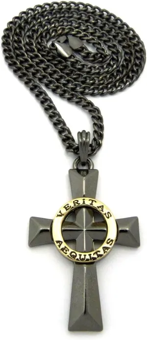 Mens Veritas AEQUITAS Cross Boondock Saints Pendant Charm Cuban Chain Necklace