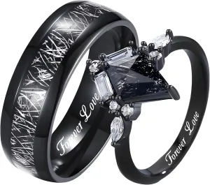Mens Wedding Band Meteorite - Custom Wedding Ring Sets - Black Rutilated Quartz Woman's Ring - Couples Engagement Rings - Her Promise Rings - Black Stainless Steel Rings