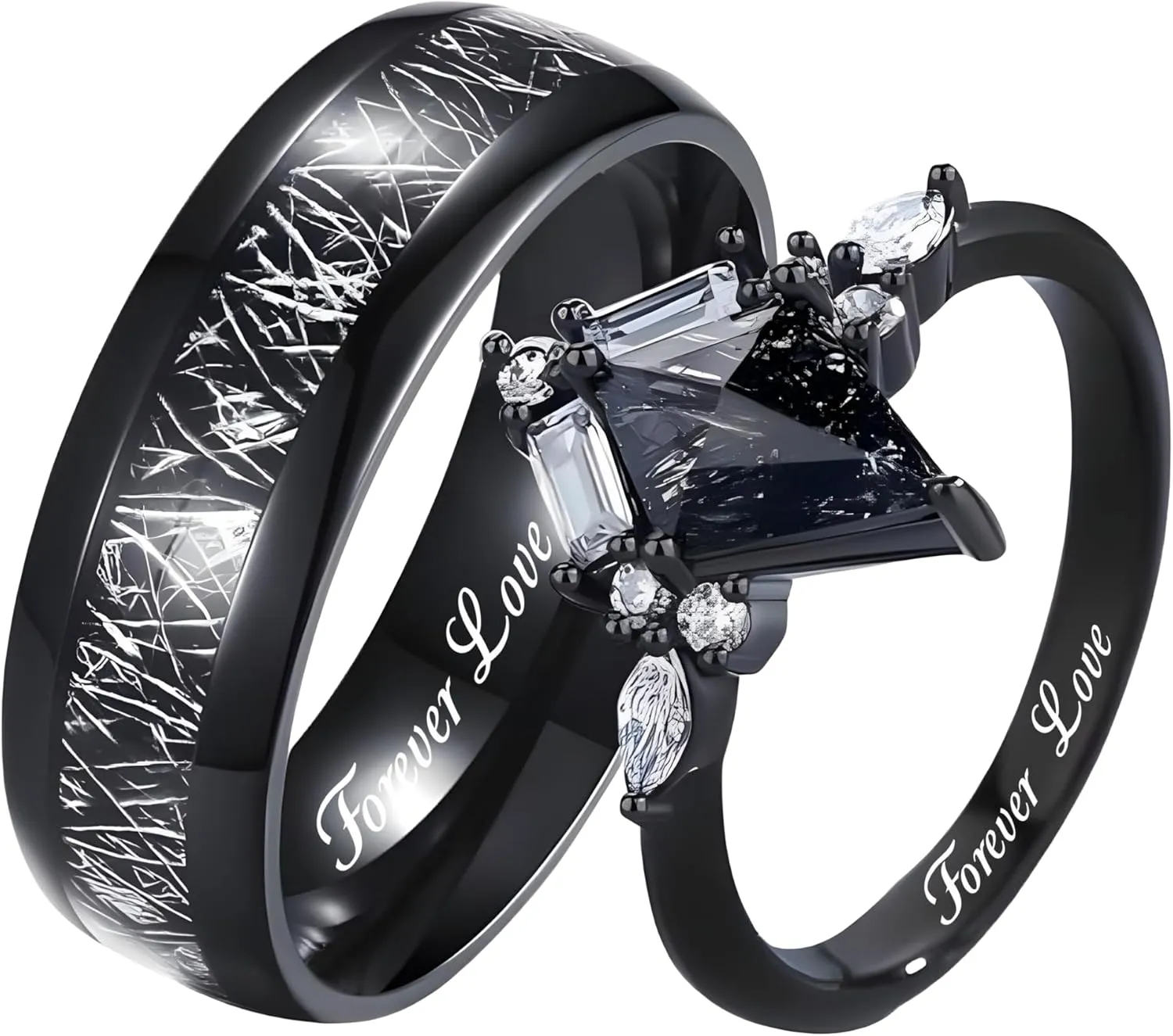 Mens Wedding Band Meteorite - Custom Wedding Ring Sets - Black Rutilated Quartz Woman's Ring - Couples Engagement Rings - Her Promise Rings - Black Stainless Steel Rings