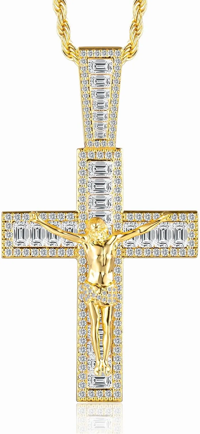 Mens Womens Crucifix Necklace Jesus Cross Chain Iced Out Baguette REAL White Gold/ 18K Gold/Rose Gold Plated Christian Pendant (Give 3mm 24inch Gold Plating Rope Chain)