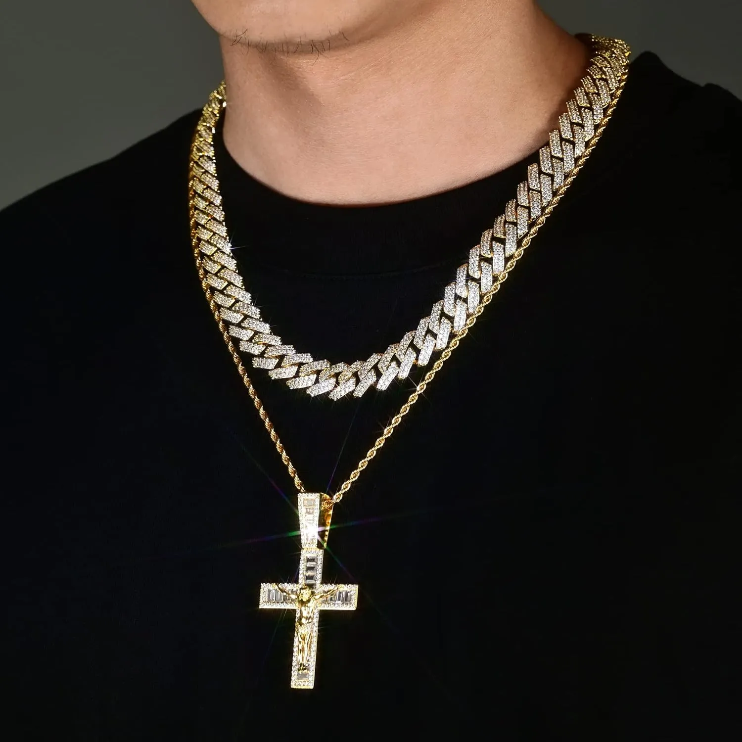 Mens Womens Crucifix Necklace Jesus Cross Chain Iced Out Baguette REAL White Gold/ 18K Gold/Rose Gold Plated Christian Pendant (Give 3mm 24inch Gold Plating Rope Chain)