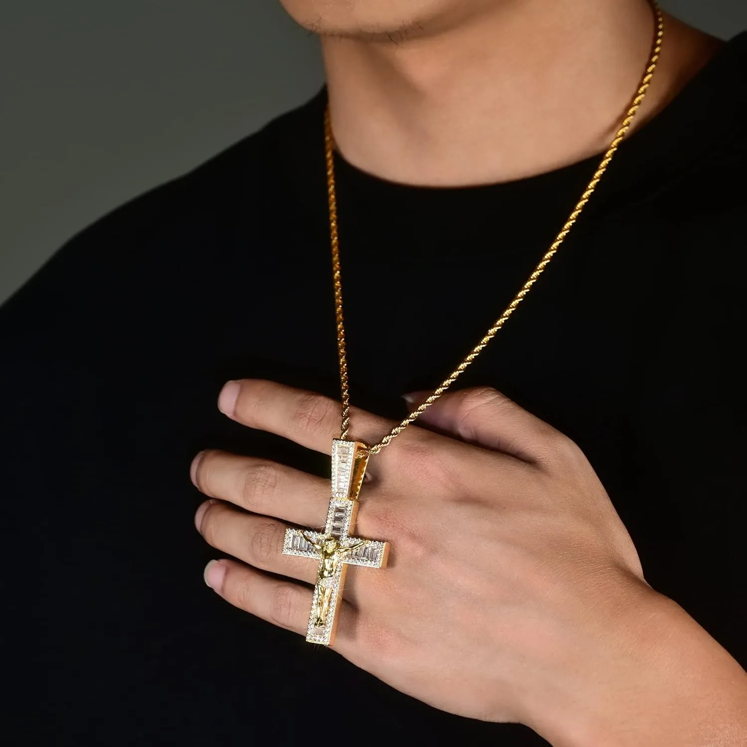 Mens Womens Crucifix Necklace Jesus Cross Chain Iced Out Baguette REAL White Gold/ 18K Gold/Rose Gold Plated Christian Pendant (Give 3mm 24inch Gold Plating Rope Chain)
