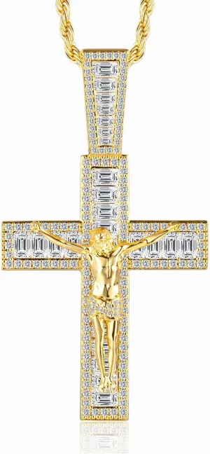 Mens Womens Crucifix Necklace Jesus Cross Chain Iced Out Baguette REAL White Gold/ 18K Gold/Rose Gold Plated Christian Pendant (Give 3mm 24inch Gold Plating Rope Chain)