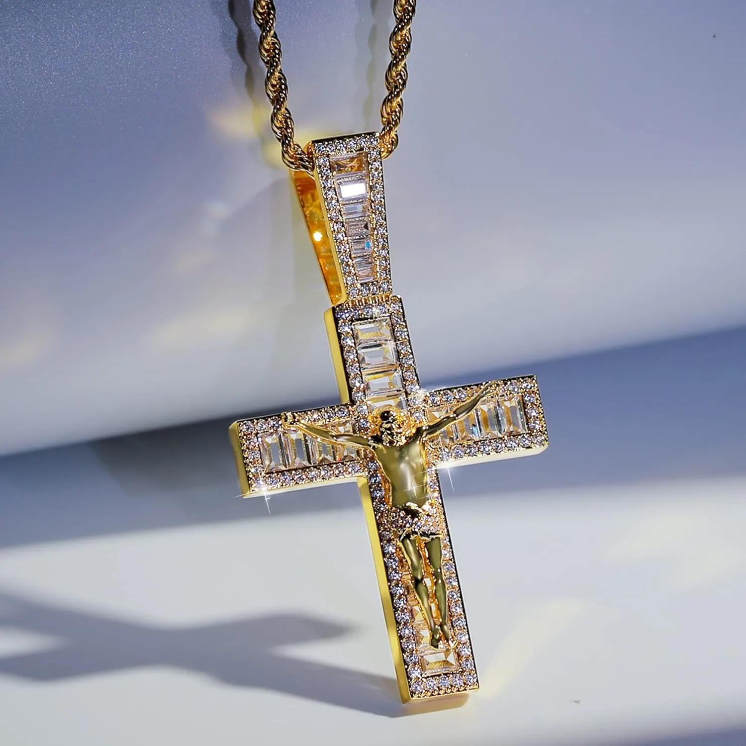 Mens Womens Crucifix Necklace Jesus Cross Chain Iced Out Baguette REAL White Gold/ 18K Gold/Rose Gold Plated Christian Pendant (Give 3mm 24inch Gold Plating Rope Chain)