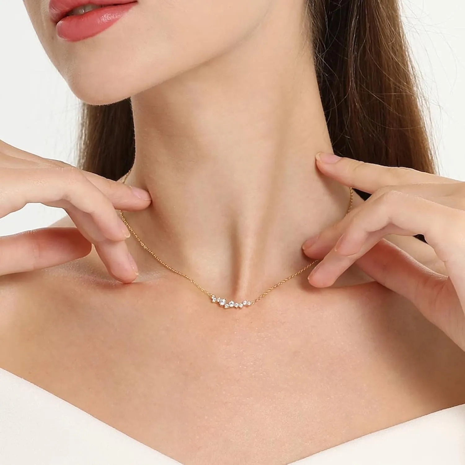 MIDEEO CZ Diamond Necklace for Women Dainty Layered Cubic Zirconia Solitaire Pendant Necklace Gold Plated Waterdrop Shape Square Emerald Green CZ Simulated Diamond Bridesmaid Necklace