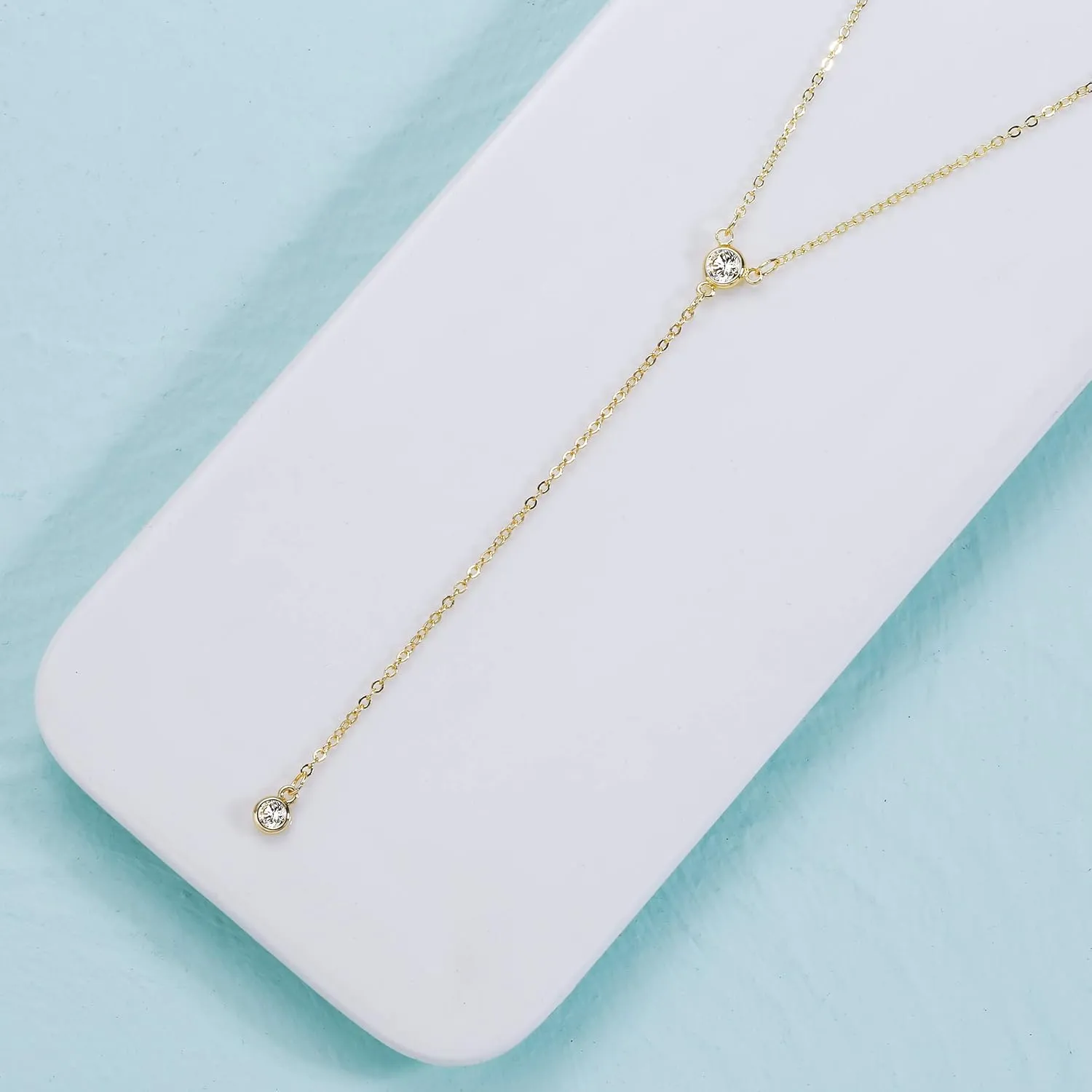MIDEEO CZ Round Drop Y Necklace for Women 18K Gold Plated Dainty Cubic Zirconia Cut CZ Lariat Y-Shaped Necklace Delicate Cute Simple Jewelry Gift
