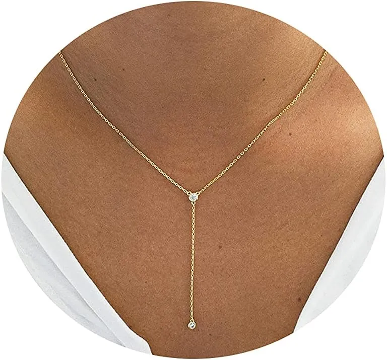MIDEEO CZ Round Drop Y Necklace for Women 18K Gold Plated Dainty Cubic Zirconia Cut CZ Lariat Y-Shaped Necklace Delicate Cute Simple Jewelry Gift