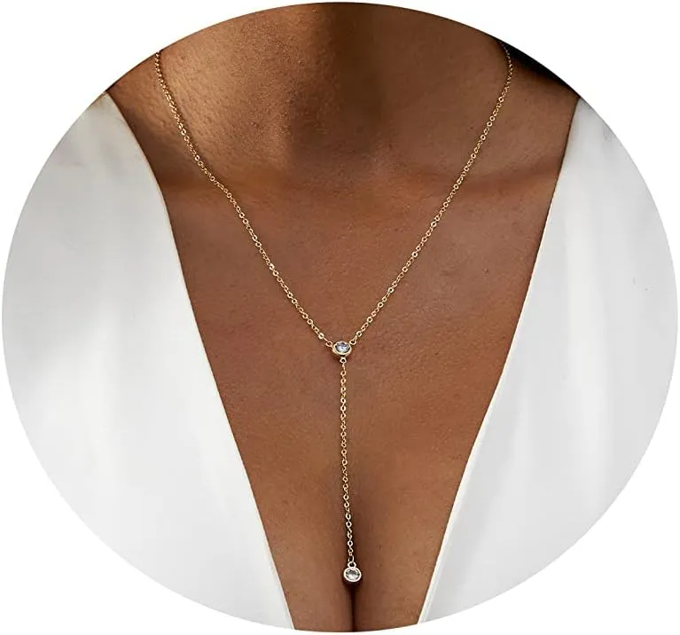 MIDEEO CZ Round Drop Y Necklace for Women 18K Gold Plated Dainty Cubic Zirconia Cut CZ Lariat Y-Shaped Necklace Delicate Cute Simple Jewelry Gift