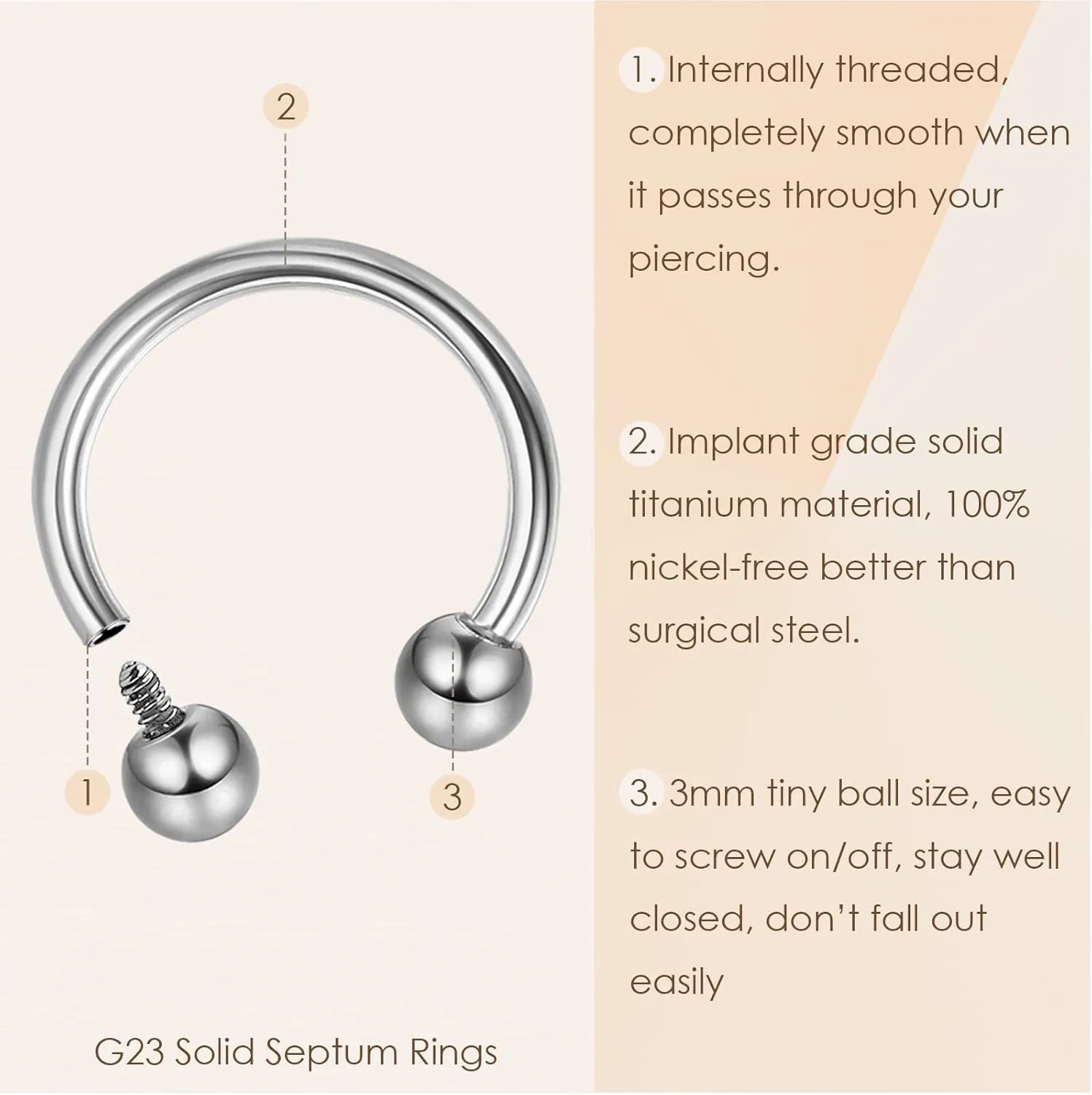 MILACOLATO 16g Septum Rings for Women Men | Implant Grade G23 Titanium Septum Ring | Internally Threaded Horseshoe Circular Barbell Piercing Jewelry for Nose Lip Tragus Eyebrow Helix Daith | 2pcs
