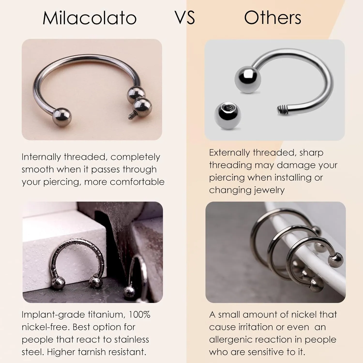 MILACOLATO 16g Septum Rings for Women Men | Implant Grade G23 Titanium Septum Ring | Internally Threaded Horseshoe Circular Barbell Piercing Jewelry for Nose Lip Tragus Eyebrow Helix Daith | 2pcs