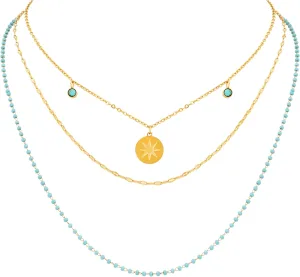 MINACHI Vintage Boho Multi-Layered Chain Choker Necklace with Created Turquoise Bead and Star Coin Pendant, Boho Fashion Statement Jewelry Gift for Women