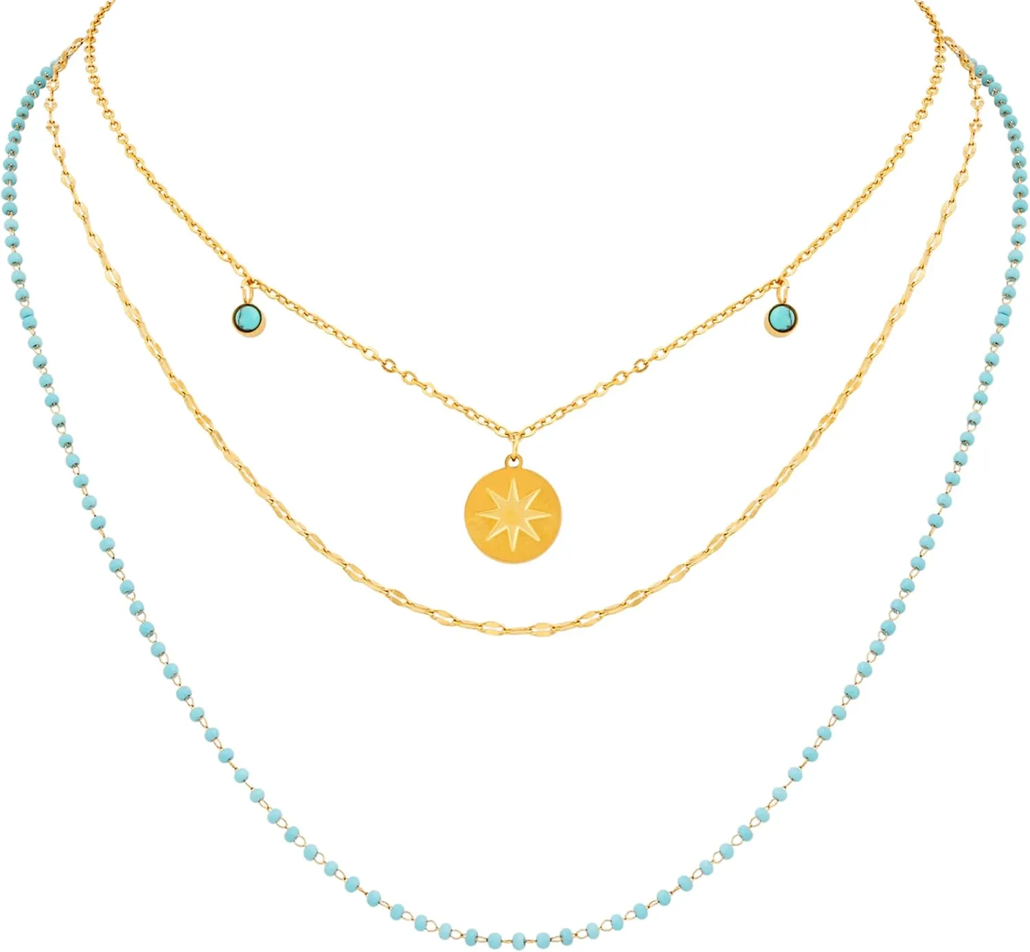 MINACHI Vintage Boho Multi-Layered Chain Choker Necklace with Created Turquoise Bead and Star Coin Pendant, Boho Fashion Statement Jewelry Gift for Women