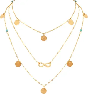 MINACHI Vintage Boho Multi-Layered Chain Necklace with Created Turquoise Bead, Coin Charm and Infinity Pendant, Boho Fashion Statement Jewelry Gift for Women