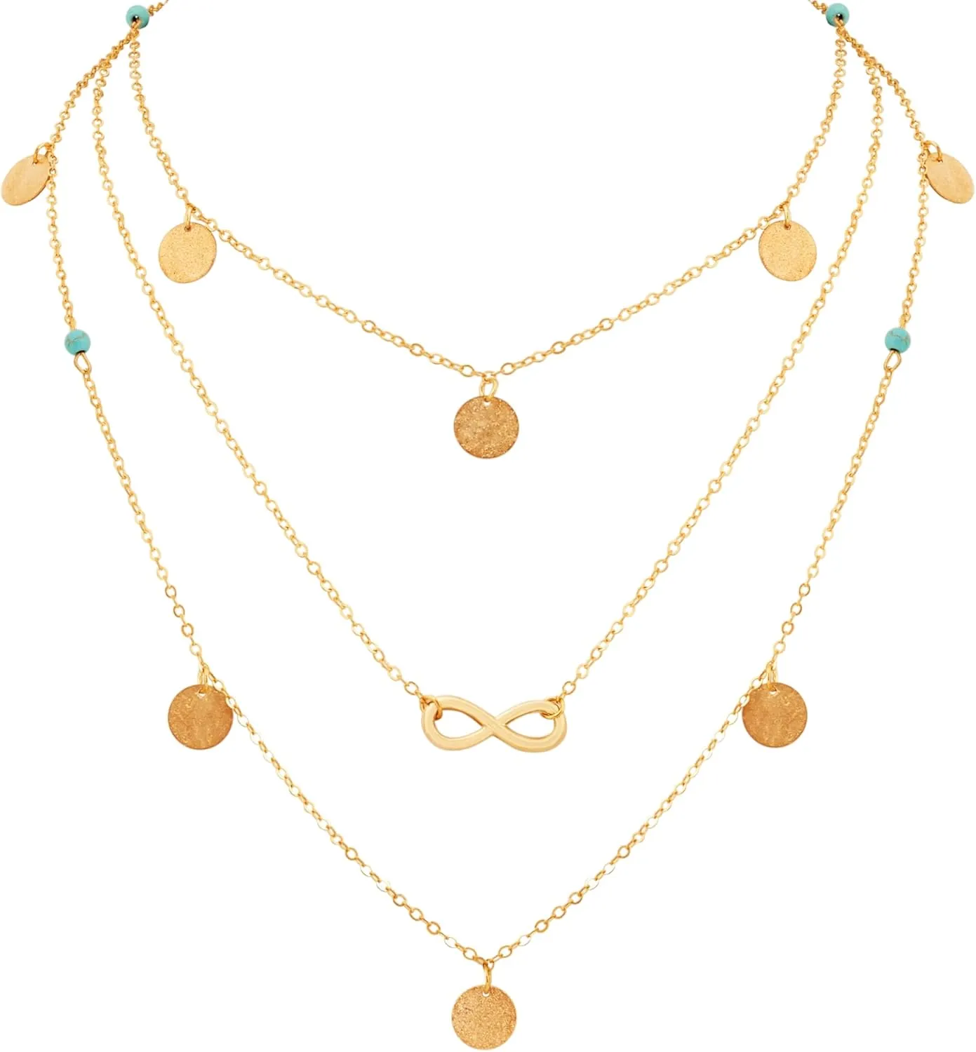 MINACHI Vintage Boho Multi-Layered Chain Necklace with Created Turquoise Bead, Coin Charm and Infinity Pendant, Boho Fashion Statement Jewelry Gift for Women