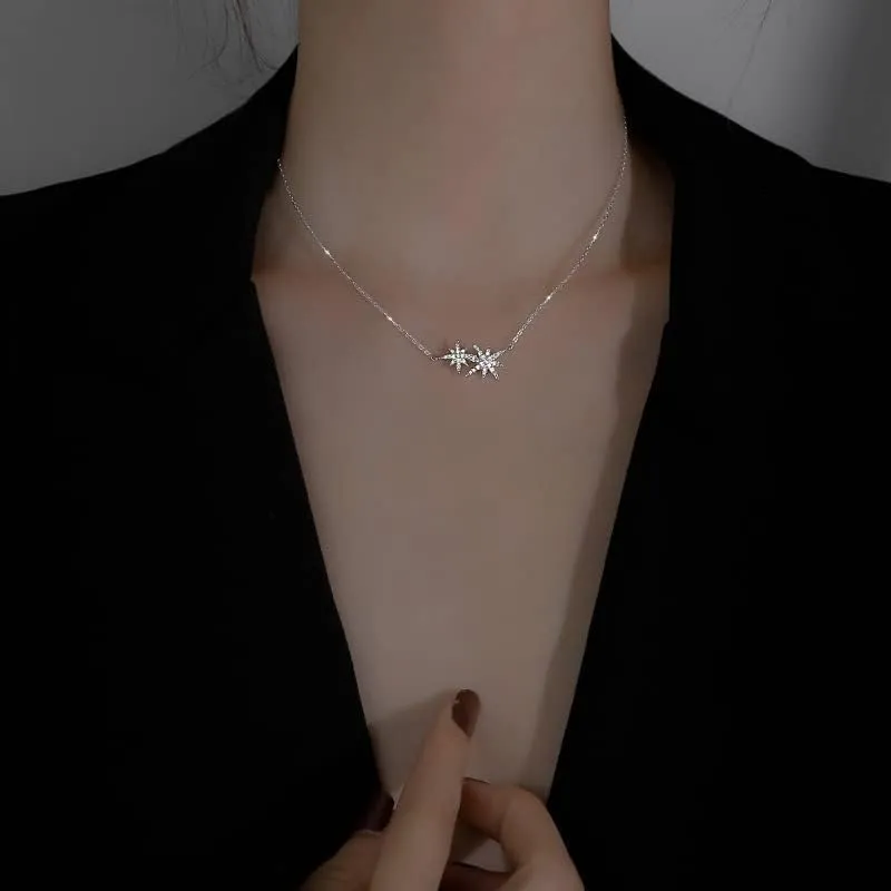 Mnyixsi Dainty Silver Necklace for Women White Gold Six Star Necklace Paperclip Pendant Necklace Cute Gold CZ Star Pendant Necklace Simple Choker Necklaces for Women Platinum Jewelry Gifts