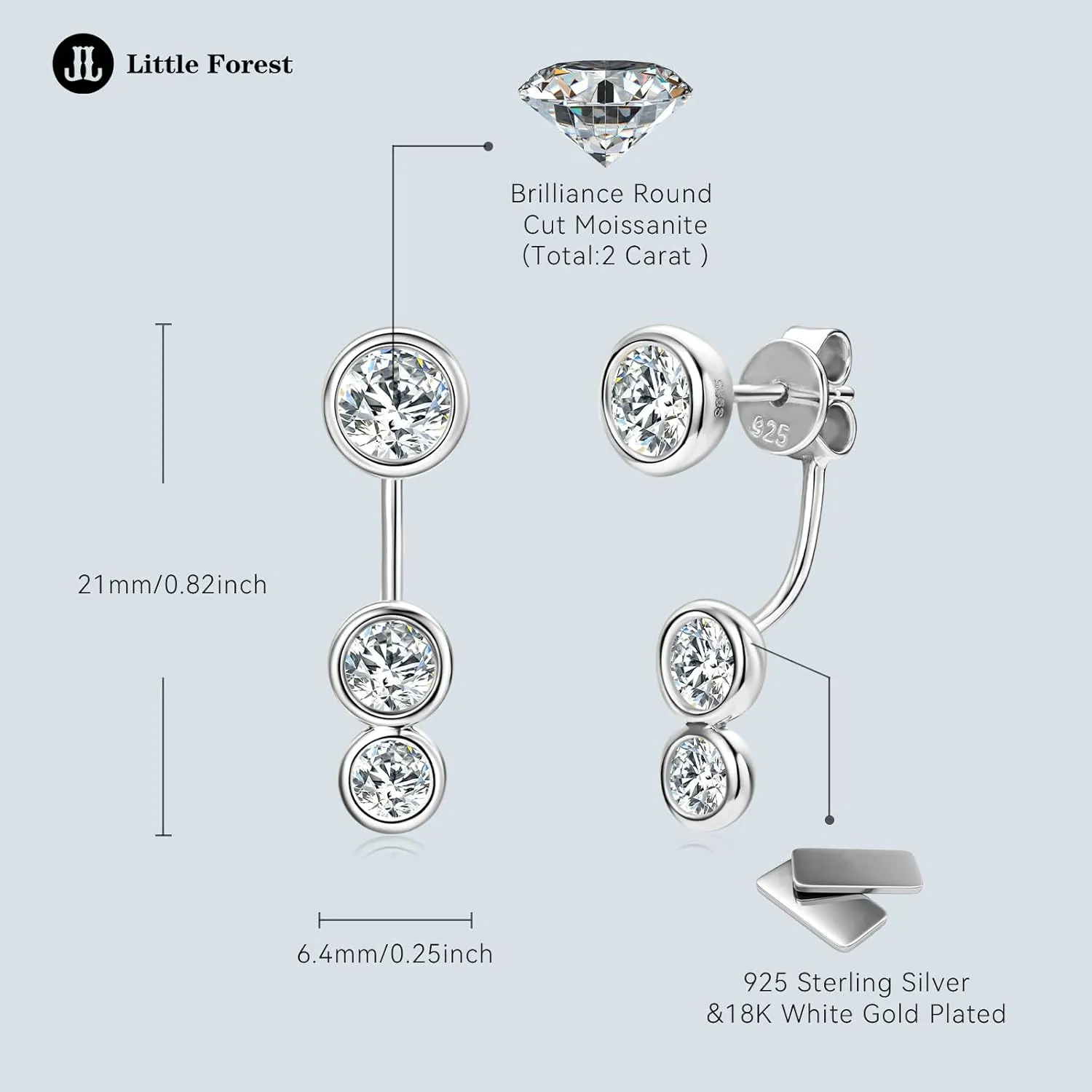 Moissanite Earrings for Women 925 Sterling Silver 0.96CT-2CT Moissanite Detachable Ear Jackets Two Wearable Stud Earrings Hypoallergenic Jewelry Gifts