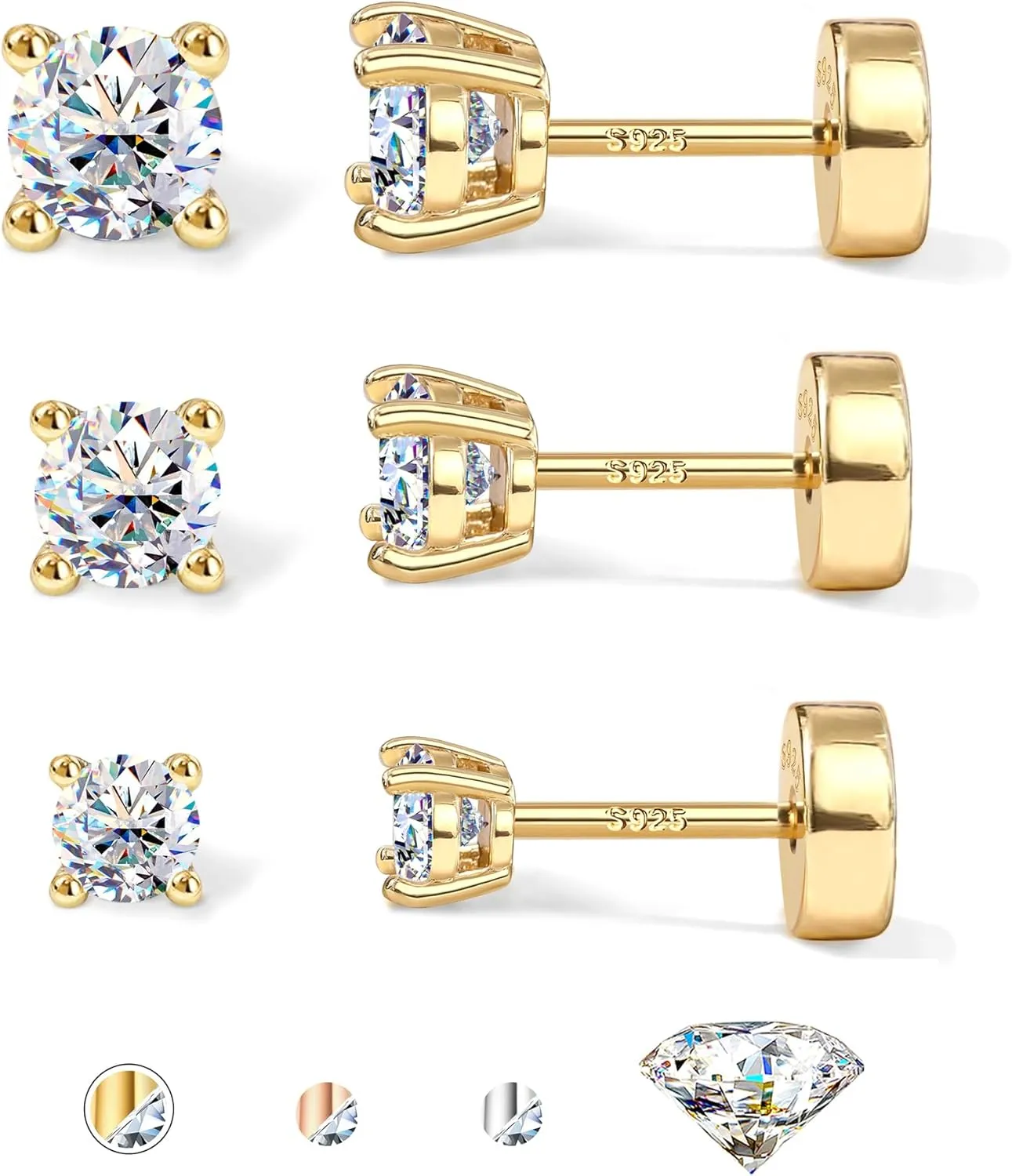 Moissanite Earrings Studs Hypoallergenic 14K Gold Plated Flat Back Earring Sterling Silver Earrings for Women Men - 3 Pairs Earring Set Cartilage Helix Piercing Jewelry D Color VVS1 1.8CT
