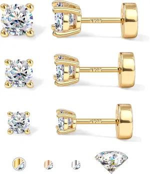 Moissanite Earrings Studs Hypoallergenic 14K Gold Plated Flat Back Earring Sterling Silver Earrings for Women Men - 3 Pairs Earring Set Cartilage Helix Piercing Jewelry D Color VVS1 1.8CT