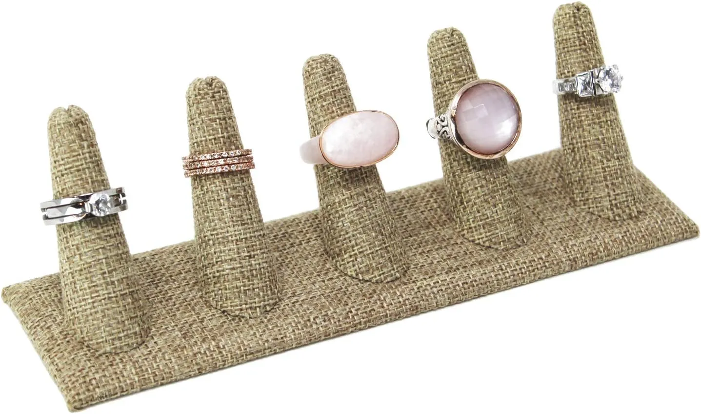 MOOCA 2 Pcs Set Ring Organizer for Showcase Display Drawer 5 Long Ring Storage Holder Jewelry Display Stands Showcase Jewelry Storage Counter, Burlap, 8 W x 2 1/8 D x 2 1/2 H in