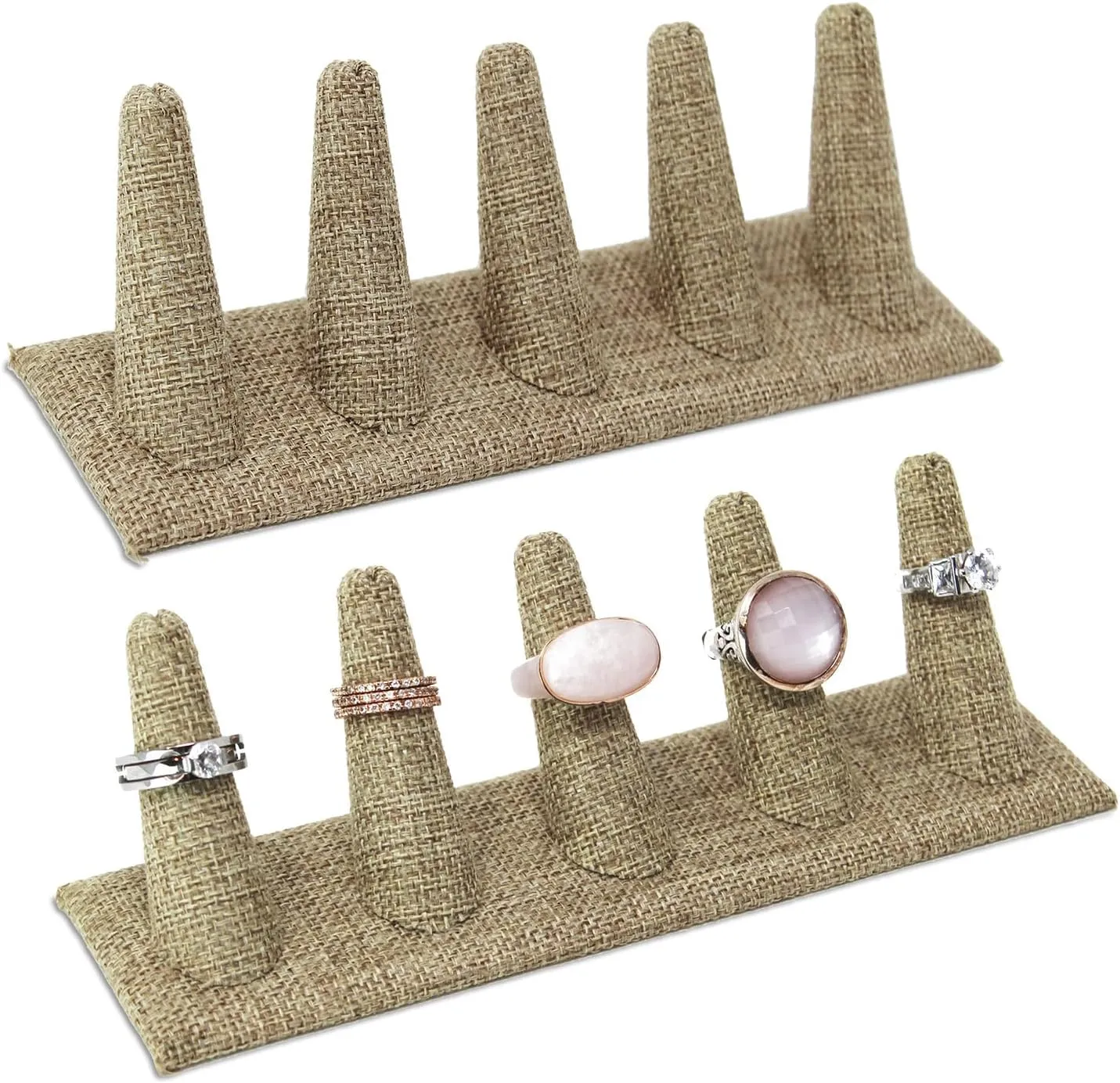 MOOCA 2 Pcs Set Ring Organizer for Showcase Display Drawer 5 Long Ring Storage Holder Jewelry Display Stands Showcase Jewelry Storage Counter, Burlap, 8 W x 2 1/8 D x 2 1/2 H in