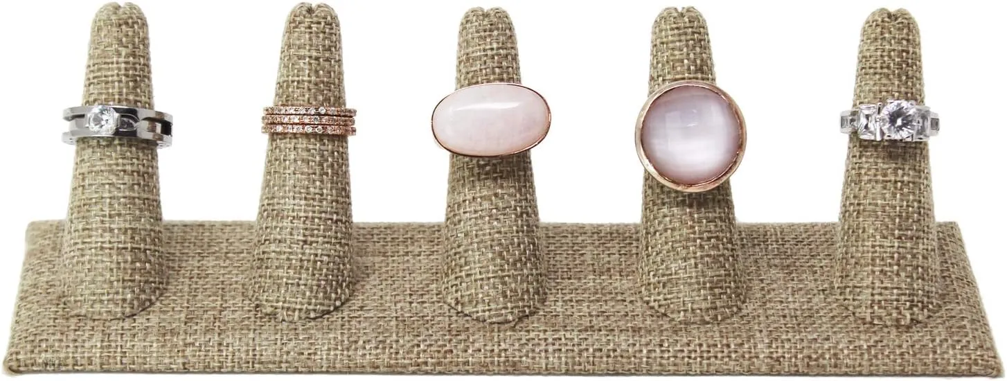MOOCA 2 Pcs Set Ring Organizer for Showcase Display Drawer 5 Long Ring Storage Holder Jewelry Display Stands Showcase Jewelry Storage Counter, Burlap, 8 W x 2 1/8 D x 2 1/2 H in