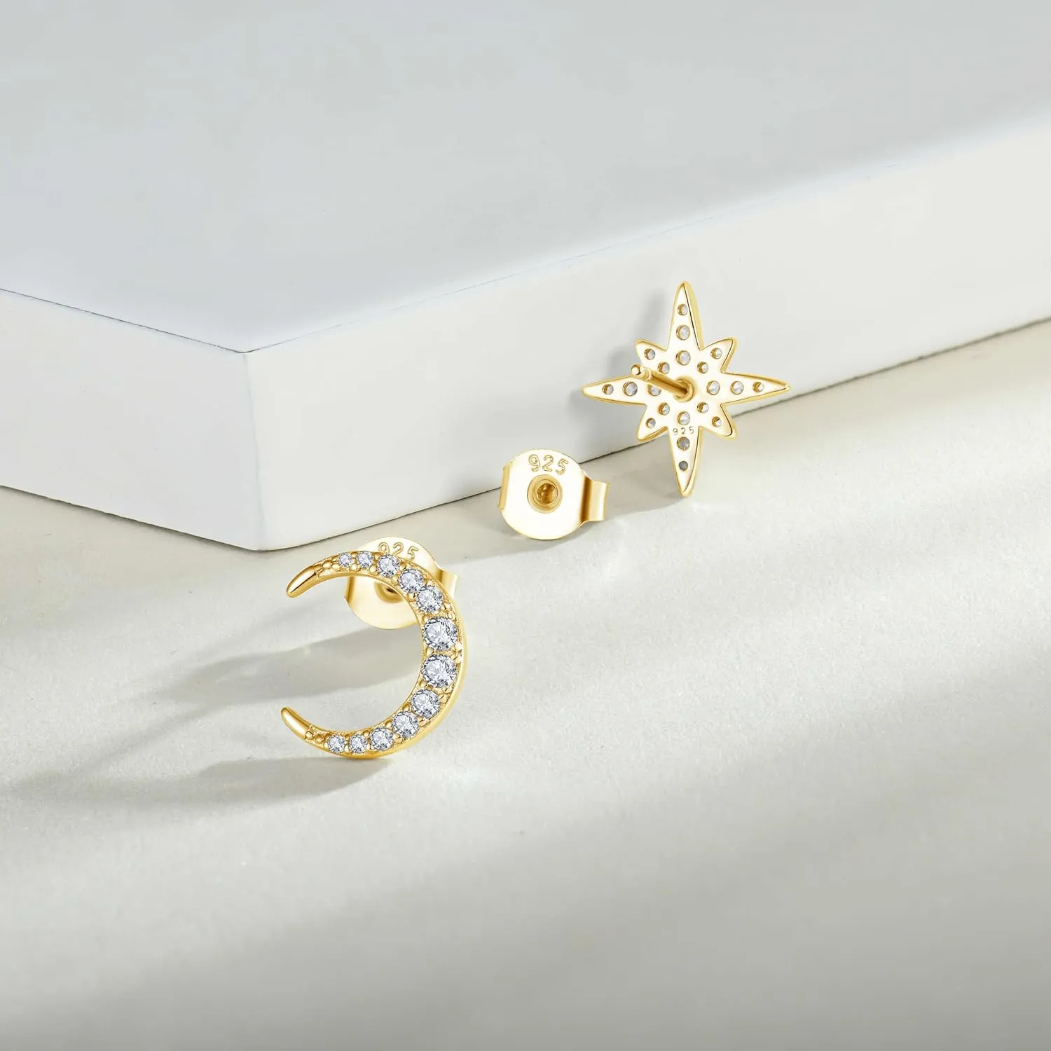Moon Star Earrings for Women 925 Sterling Silver White/Rose/Yellow Gold Plated Asymmetrical Stud Earrings