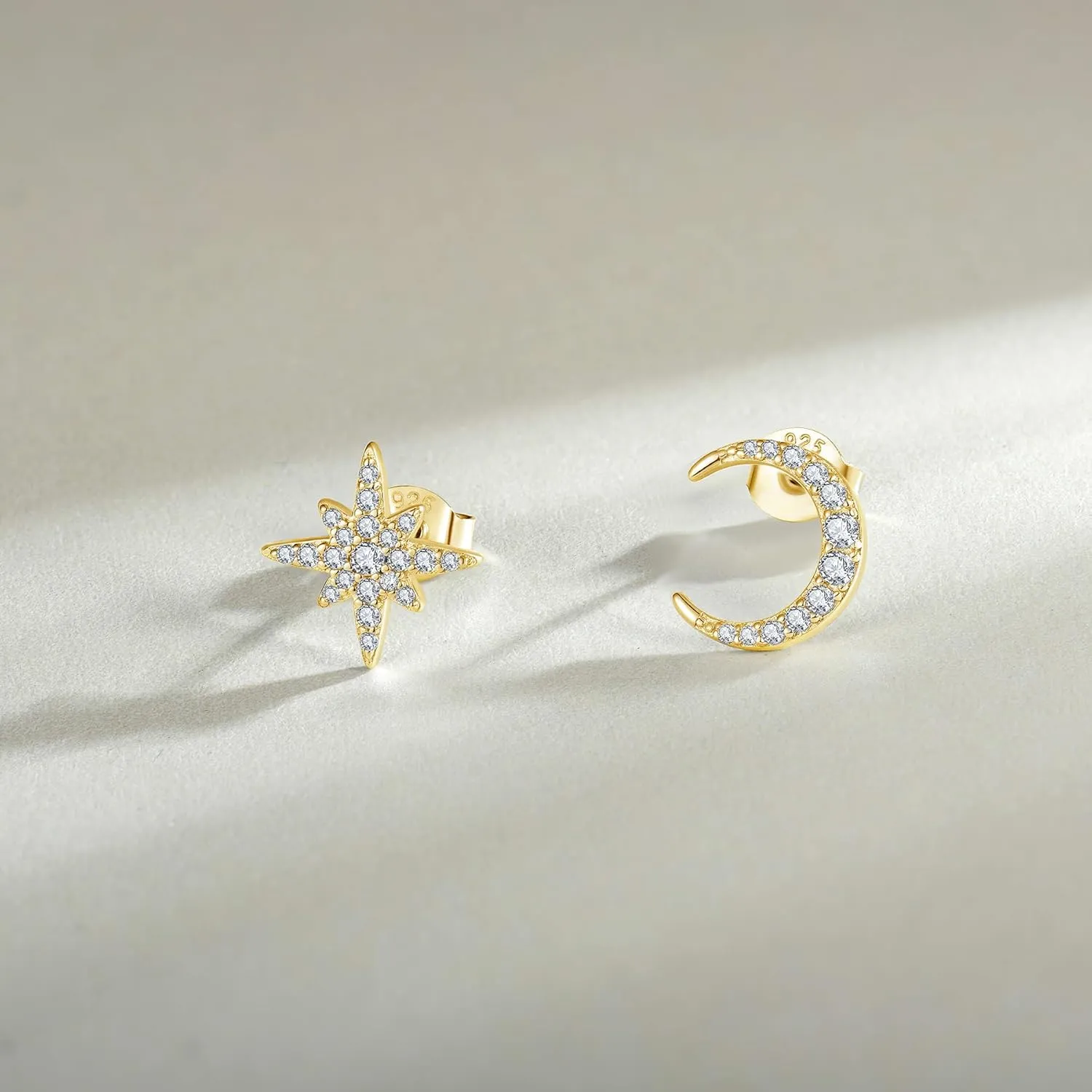 Moon Star Earrings for Women 925 Sterling Silver White/Rose/Yellow Gold Plated Asymmetrical Stud Earrings