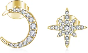 Moon Star Earrings for Women 925 Sterling Silver White/Rose/Yellow Gold Plated Asymmetrical Stud Earrings