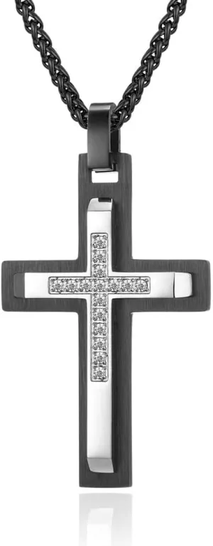 MOOSKI Men's Cross Necklace Silver/Black 316 Stainless Steel Crucifix Jesus Pendant Necklace for Men Jewelry Rolo Chain for 20" 24" 28"