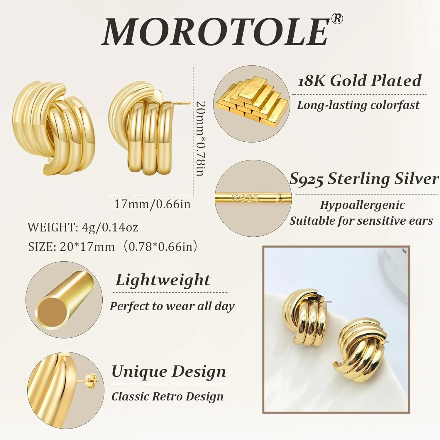 MOROTOLE Chunky Gold Earrings, Vintage Gold Statement Stud Earrings for Women Hypoallergenic Lightweight Trendy 18K Gold Knot Geometric Dangle Drop Earring Jewelry Gifts