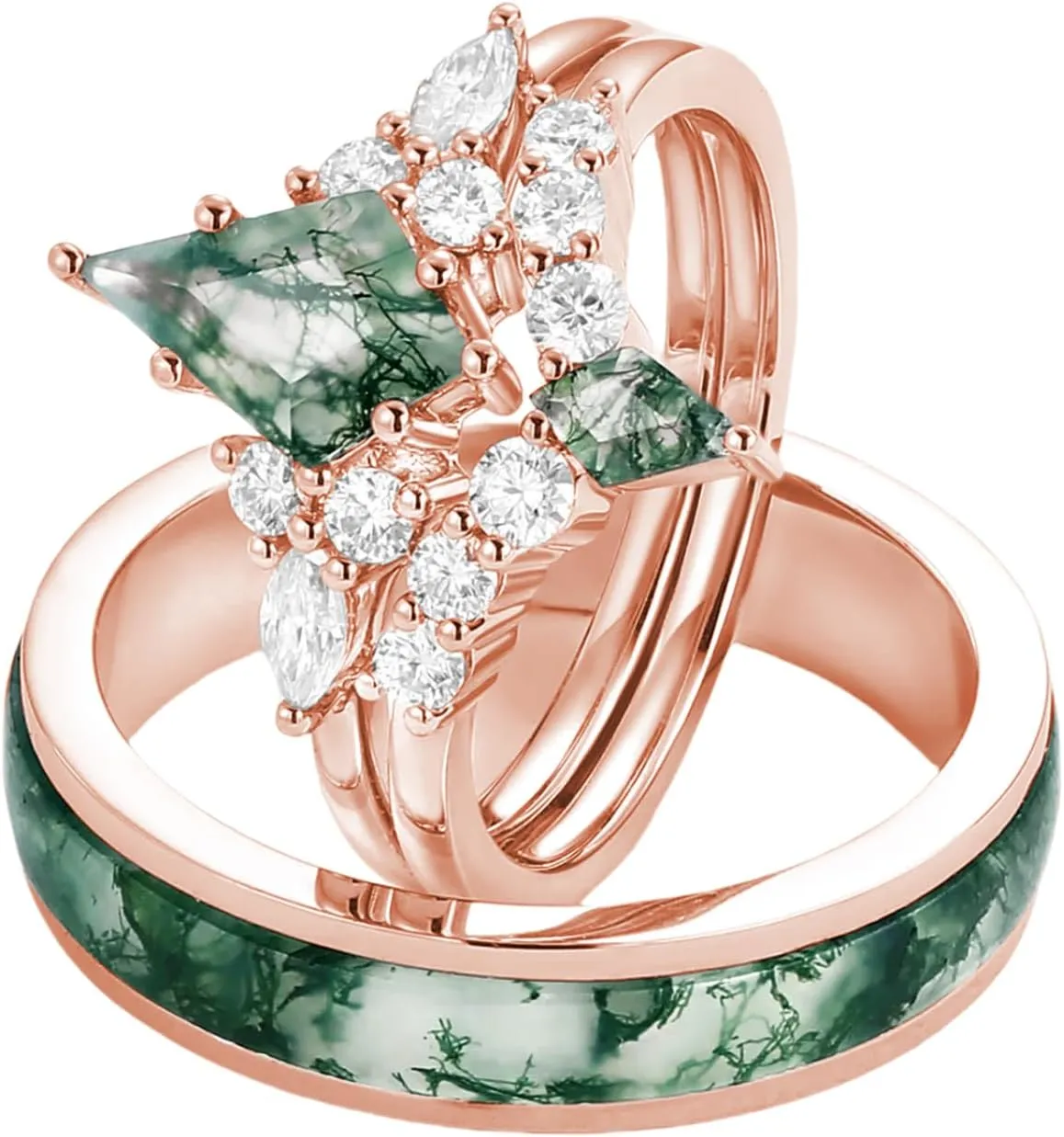 Moss Agate Couple Ring Set S925 10K 14K 18K Gold Natural Moss Agate and Moissanite Engagement Wedding Rings for Him and Her Unique Customized Matching for Couples 3Pcs