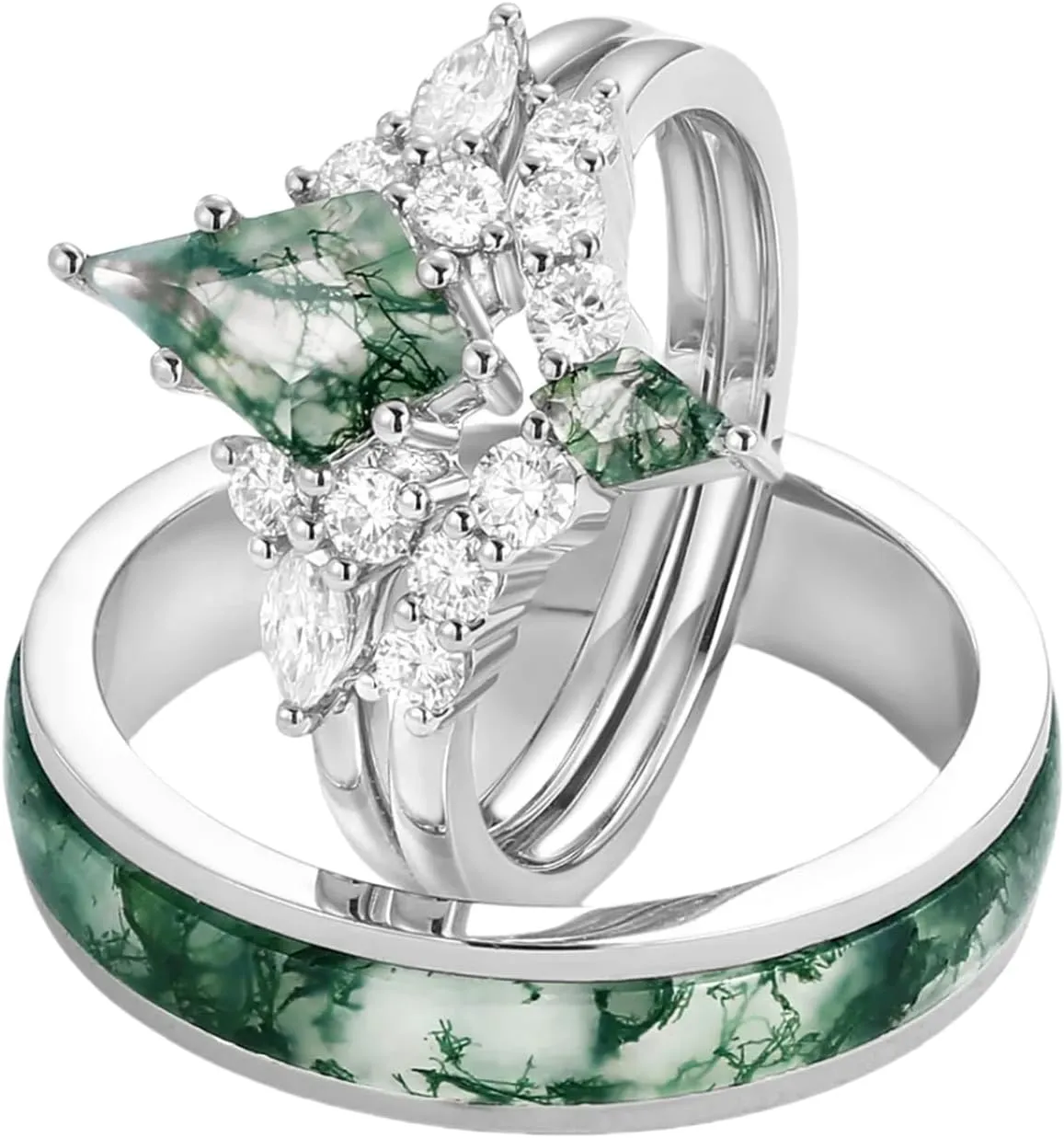 Moss Agate Couple Ring Set S925 10K 14K 18K Gold Natural Moss Agate and Moissanite Engagement Wedding Rings for Him and Her Unique Customized Matching for Couples 3Pcs